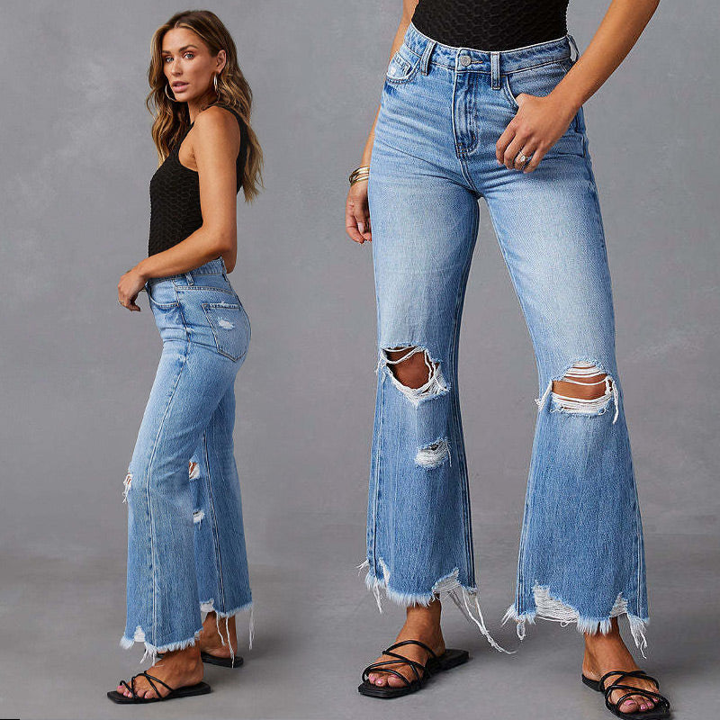 Hochgeschnittene, zerrissene Schlagjeans für Damen