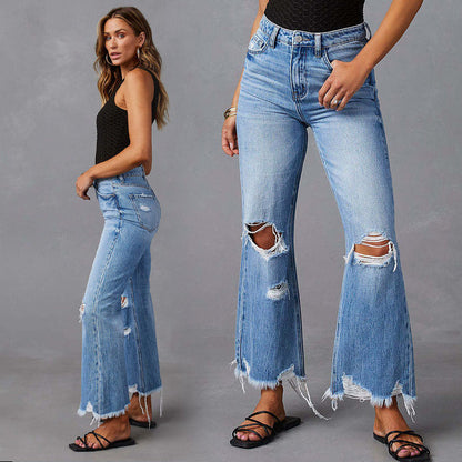 Hochgeschnittene, zerrissene Schlagjeans für Damen