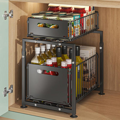 📢📢50% OFF !! ⏰Double-Tier Pull-Out Shelf Cabinet Organiser – 5 Height Adjustments, 2 Pull-Out Tiers, Carbon Steel & Large Capacity – No Assembly Required ✨