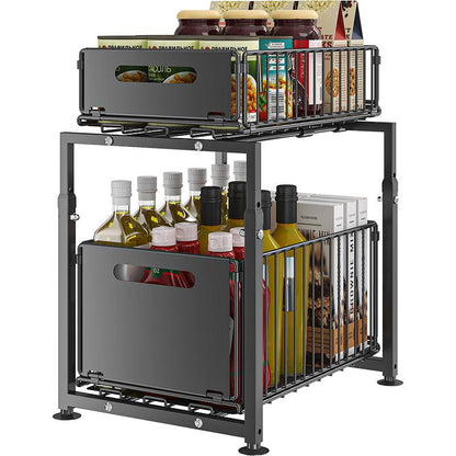 📢📢50% OFF !! ⏰Double-Tier Pull-Out Shelf Cabinet Organiser – 5 Height Adjustments, 2 Pull-Out Tiers, Carbon Steel & Large Capacity – No Assembly Required ✨
