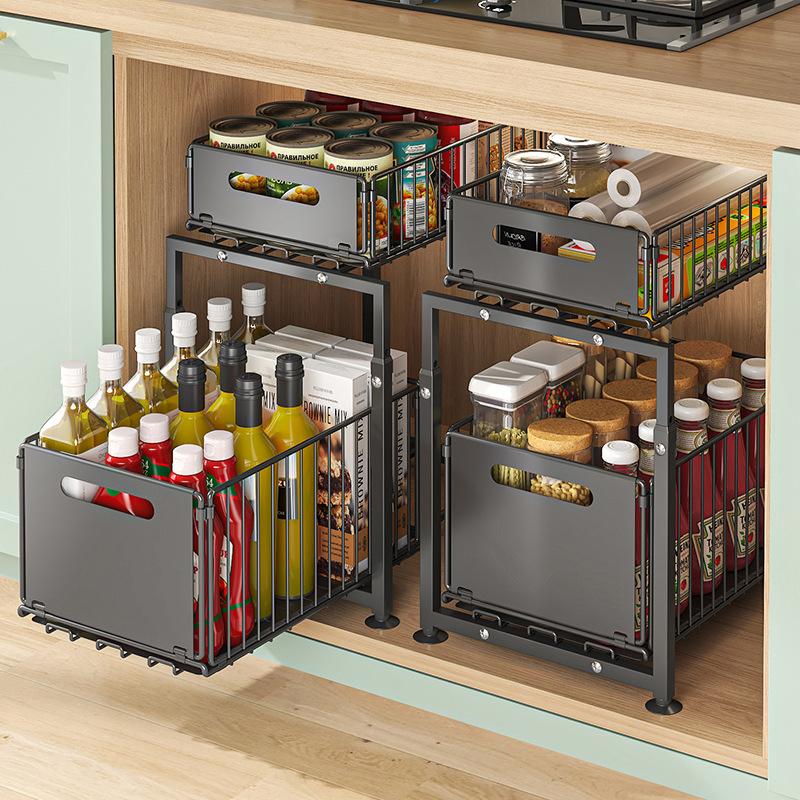📢📢50% OFF !! ⏰Double-Tier Pull-Out Shelf Cabinet Organiser – 5 Height Adjustments, 2 Pull-Out Tiers, Carbon Steel & Large Capacity – No Assembly Required ✨