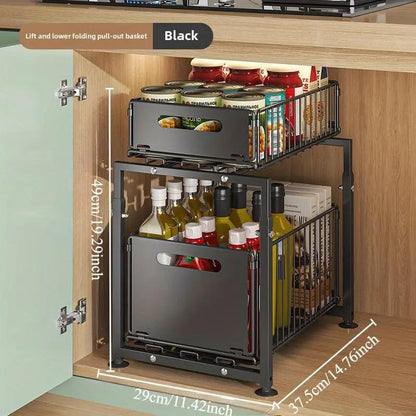 📢📢50% OFF !! ⏰Double-Tier Pull-Out Shelf Cabinet Organiser – 5 Height Adjustments, 2 Pull-Out Tiers, Carbon Steel & Large Capacity – No Assembly Required ✨