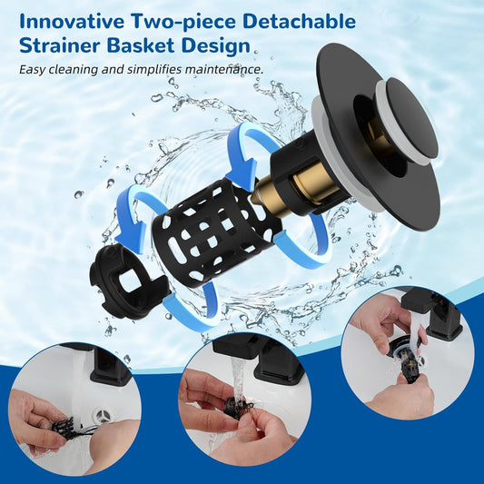 Hibbent Upgraded 3-in-1 Bathroom Sink Drain Strainer, Universal Pop-Up Plug, Removable Stainless Steel Basket-Style Hair Catcher, 1.1–2.36-inch Sink Plug, Brass Cartridge, Matt Black