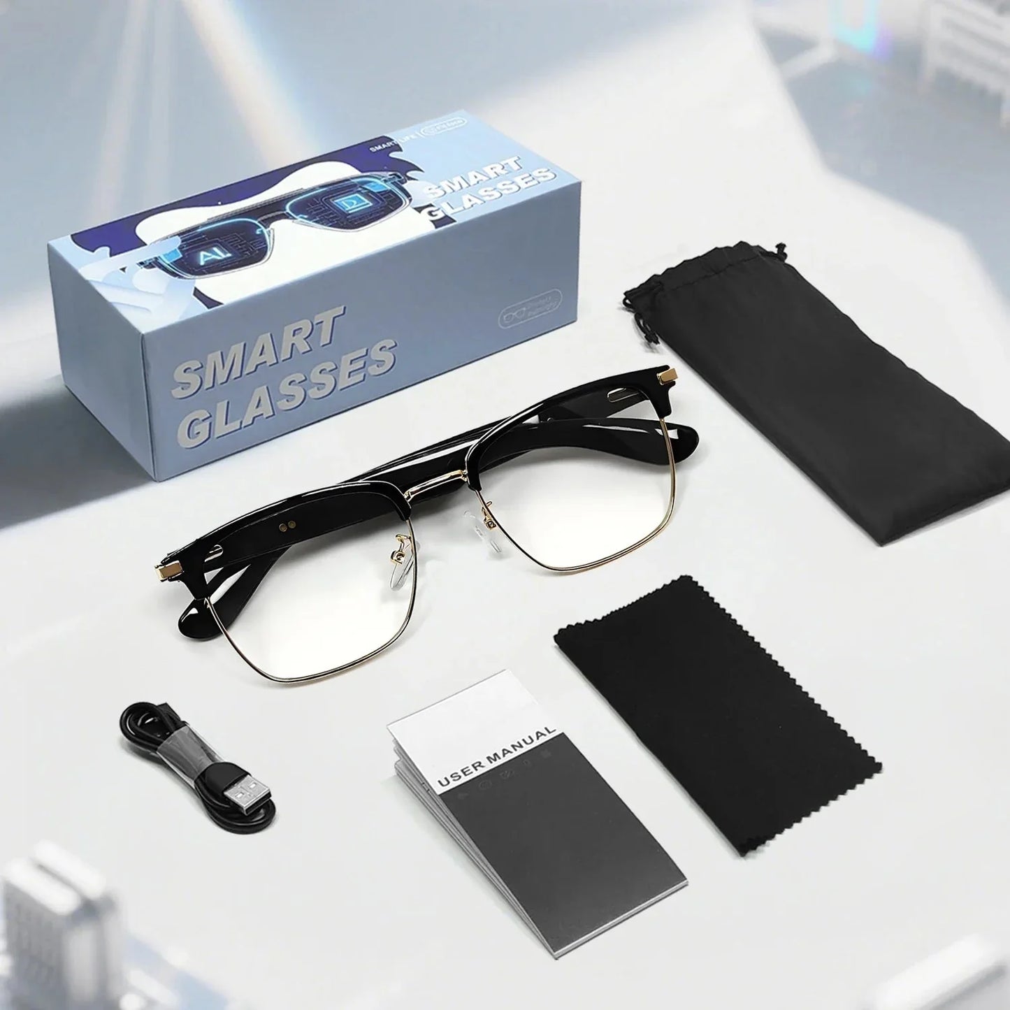 😎Intelligente Brille mit KI-Übersetzung, unterstützt 160 Sprachen und ChatGPT, mit integriertem Mikrofon und Hi-Fi-Lautsprechern