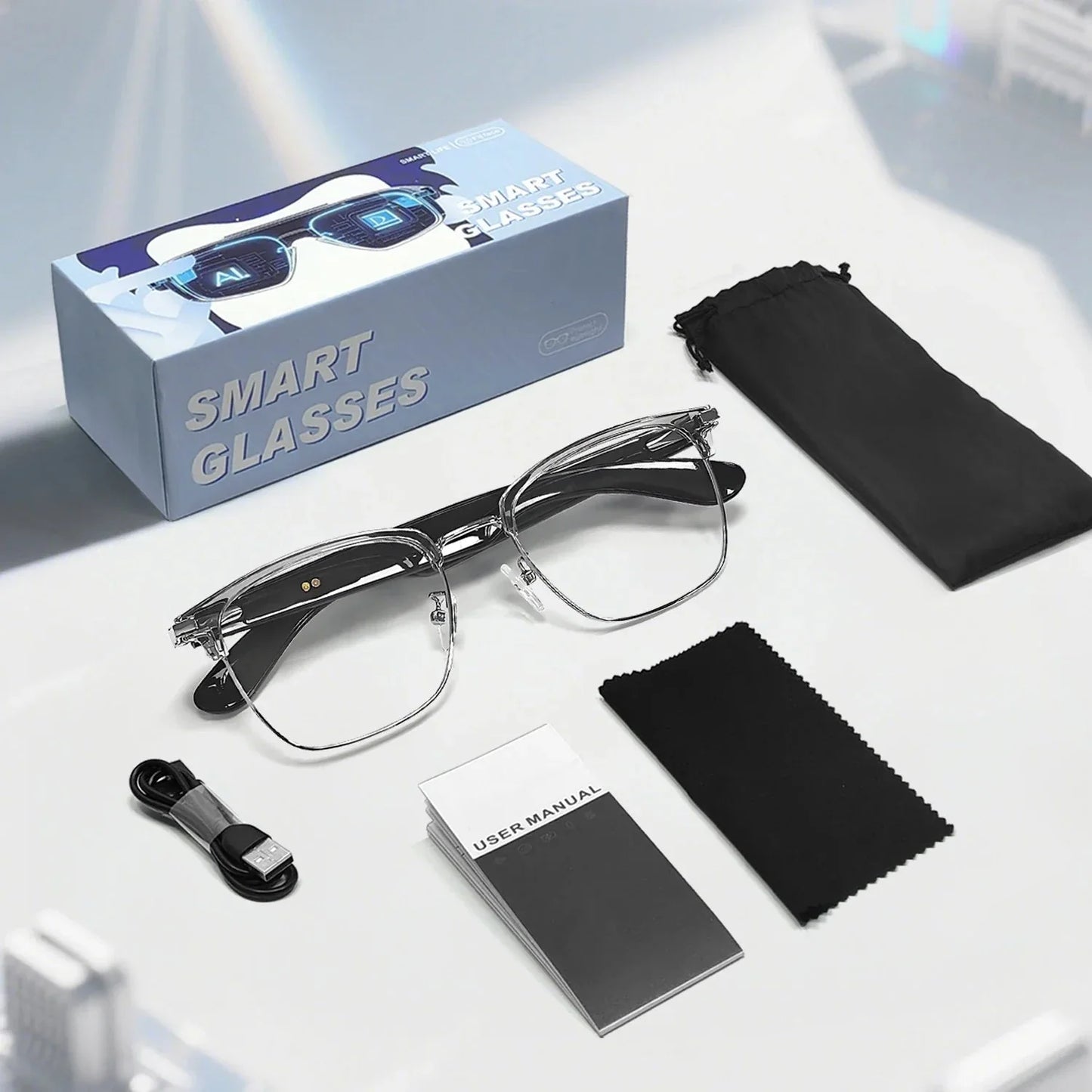 😎Intelligente Brille mit KI-Übersetzung, unterstützt 160 Sprachen und ChatGPT, mit integriertem Mikrofon und Hi-Fi-Lautsprechern