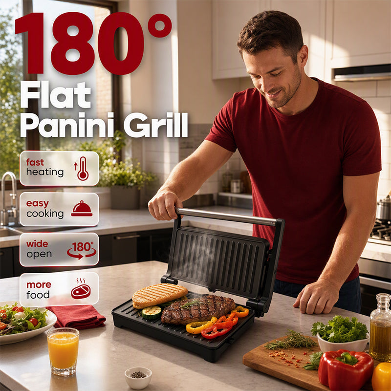 Elektrische Sandwichpresse und Panini-Grill mit 180-Grad-Flachgrill