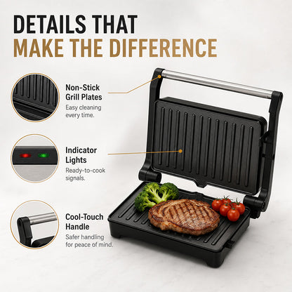 Elektrische Sandwichpresse und Panini-Grill mit 180-Grad-Flachgrill