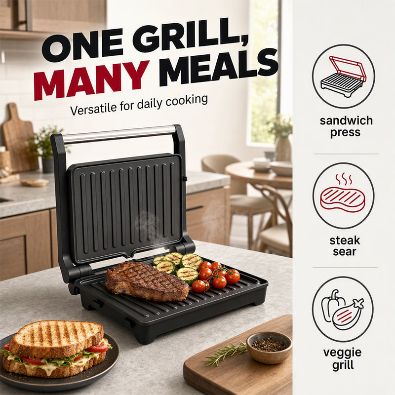 Elektrische Sandwichpresse und Panini-Grill mit 180-Grad-Flachgrill