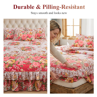 🌸 BEFRISTET ANGEBOT – 50 % RABATT! 3-teiliger, florales Rüschen-Bettrock – Dekoratives Bettwäsche-Set für das Schlafzimmer mit Kissenbezügen ✨
