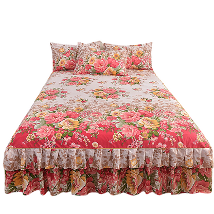 🌸 BEFRISTET ANGEBOT – 50 % RABATT! 3-teiliger, florales Rüschen-Bettrock – Dekoratives Bettwäsche-Set für das Schlafzimmer mit Kissenbezügen ✨