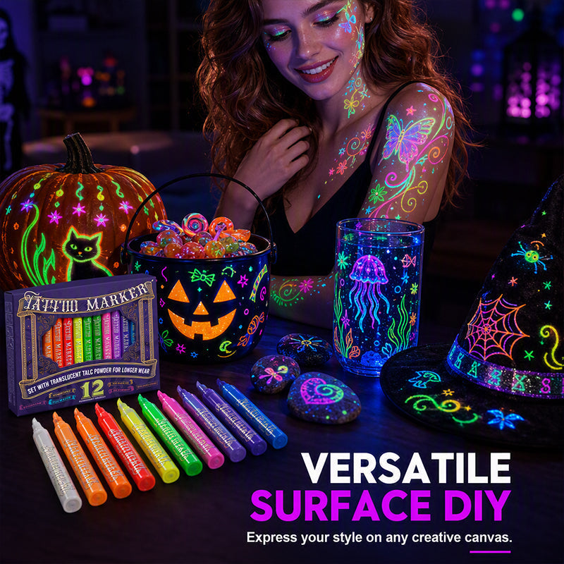 ✨ Glow-Tattoo-Stifte – UV-Neonfarben für Party & Festival, wasserfest & leicht abwaschbar
