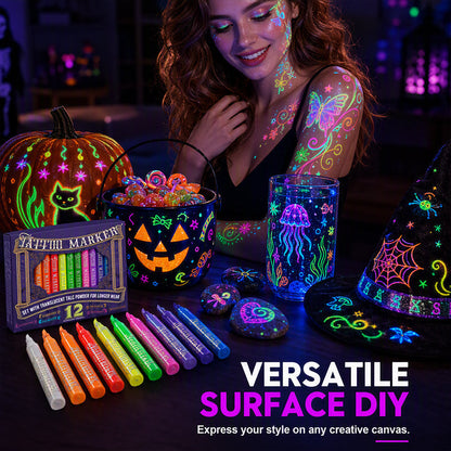✨ Glow-Tattoo-Stifte – UV-Neonfarben für Party & Festival, wasserfest & leicht abwaschbar