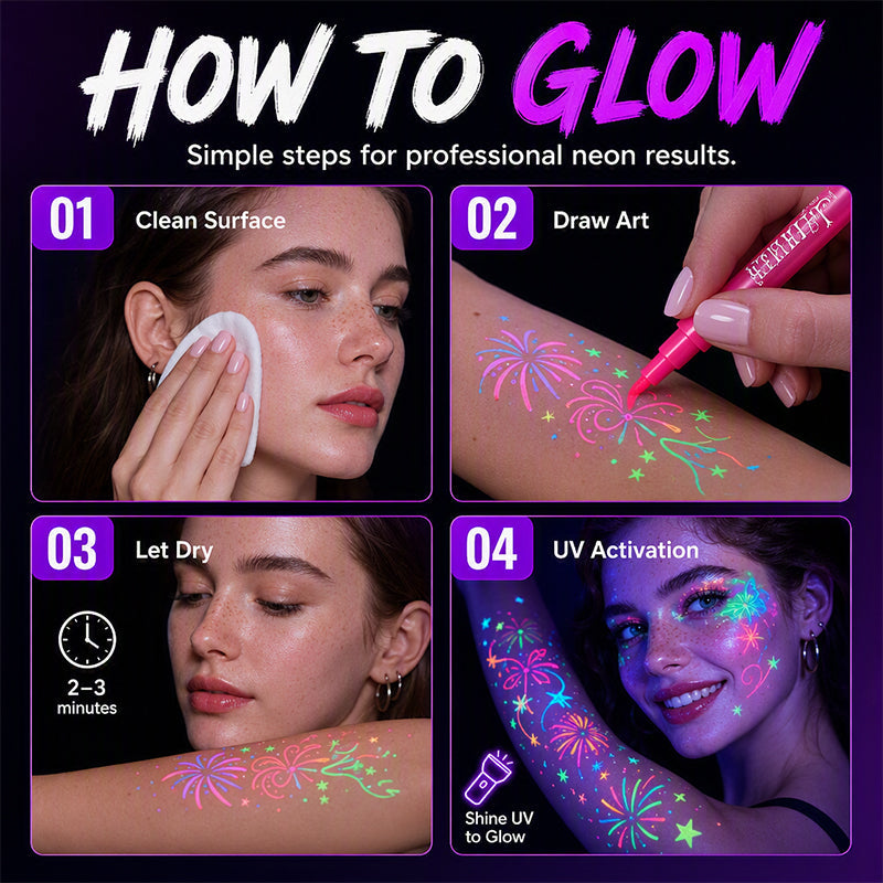 ✨ Glow-Tattoo-Stifte – UV-Neonfarben für Party & Festival, wasserfest & leicht abwaschbar