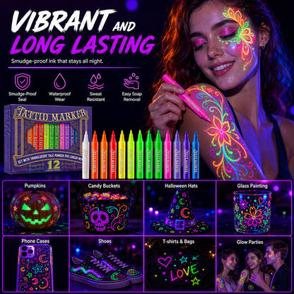 ✨ Glow-Tattoo-Stifte – UV-Neonfarben für Party & Festival, wasserfest & leicht abwaschbar