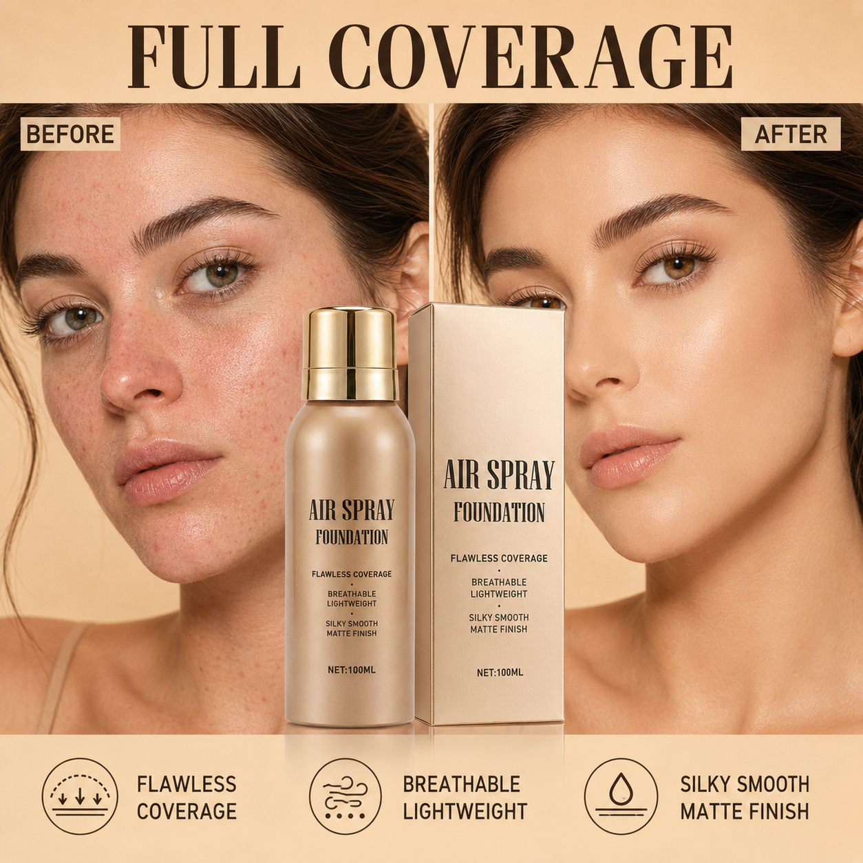 🛒💨 Fondotinta spray waterproof a lunga durata – Incorreggibile, traspirante e resistente. Ordina ora!