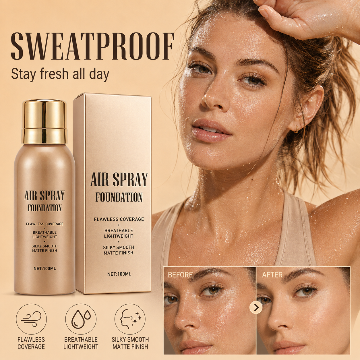 🛒💨 Fondotinta spray waterproof a lunga durata – Incorreggibile, traspirante e resistente. Ordina ora!