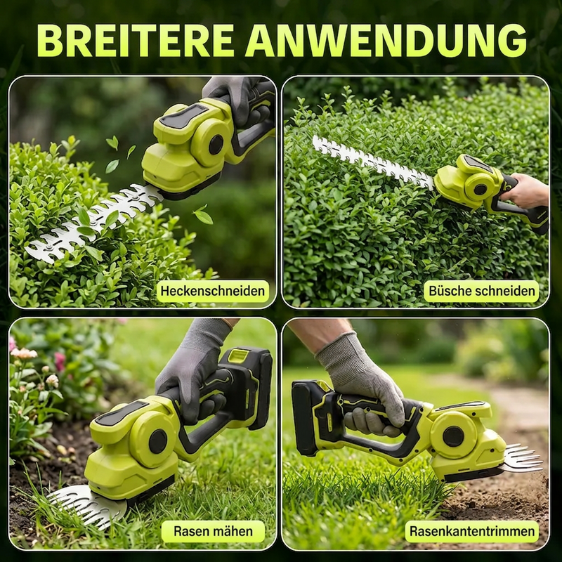 ✂️🌿 Neu & 2-in-1! 2-in-1 Akku-Heckenschere & Grasschere – Kabellos, leicht & werkzeugloser Klingenwechsel – Saubere Rasenkanten plus formschöner Heckenschnitt – Ideal für Buchs, Lavendel, Ziersträucher & Gartenpflege ✨