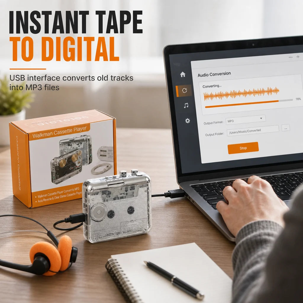 📼 🎵 Klassischer Kassettenspieler im transparenten Retro-Design – Nostalgie pur, Kassetten zu MP3, USB-C