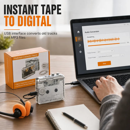 📼 🎵 Klassischer Kassettenspieler im transparenten Retro-Design – Nostalgie pur, Kassetten zu MP3, USB-C