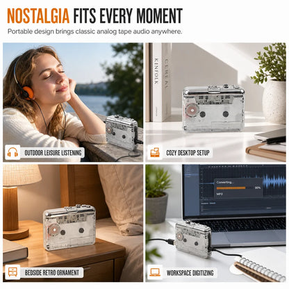 📼 🎵 Klassischer Kassettenspieler im transparenten Retro-Design – Nostalgie pur, Kassetten zu MP3, USB-C