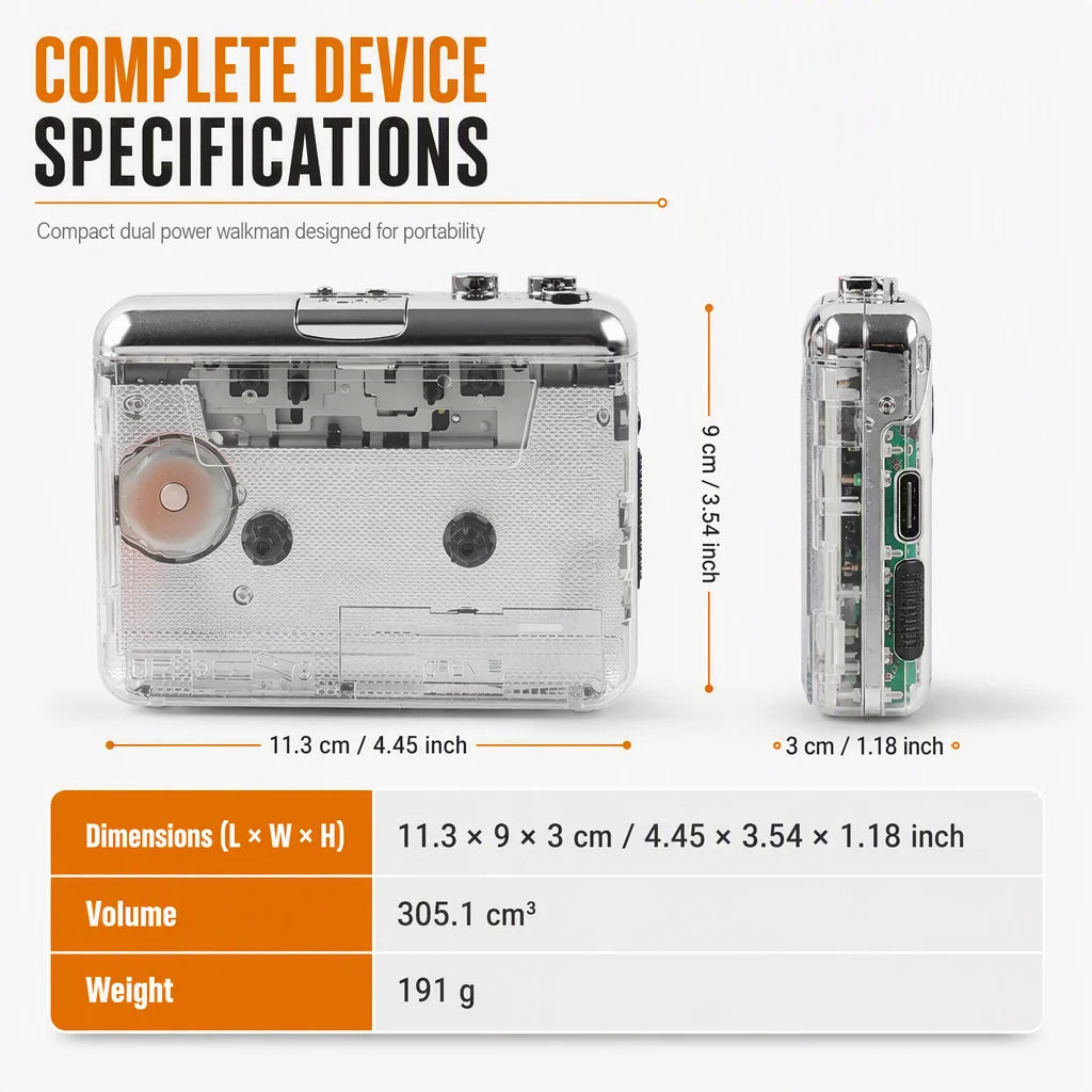 📼 🎵 Klassischer Kassettenspieler im transparenten Retro-Design – Nostalgie pur, Kassetten zu MP3, USB-C