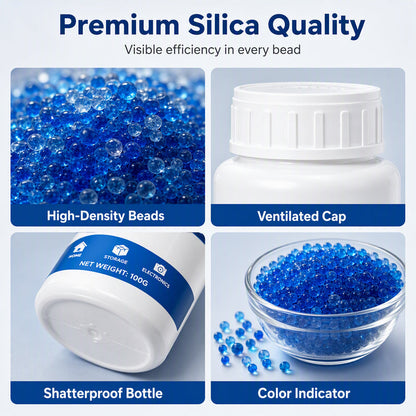 💧🛡️ Silica-Feuchtigkeitsabsorber-Perlen – schnelle Feuchtigkeitsaufnahme, geruchlos & sicher. Kompakte 100-g-Flasche für Schränke, Elektronik & Lagerung! 🏠✅