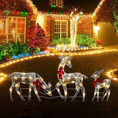 🎄🦌LED-Weihnachtsrentier-Set mit Schleife – dekorative Rentierfamilie für drinnen und draußen