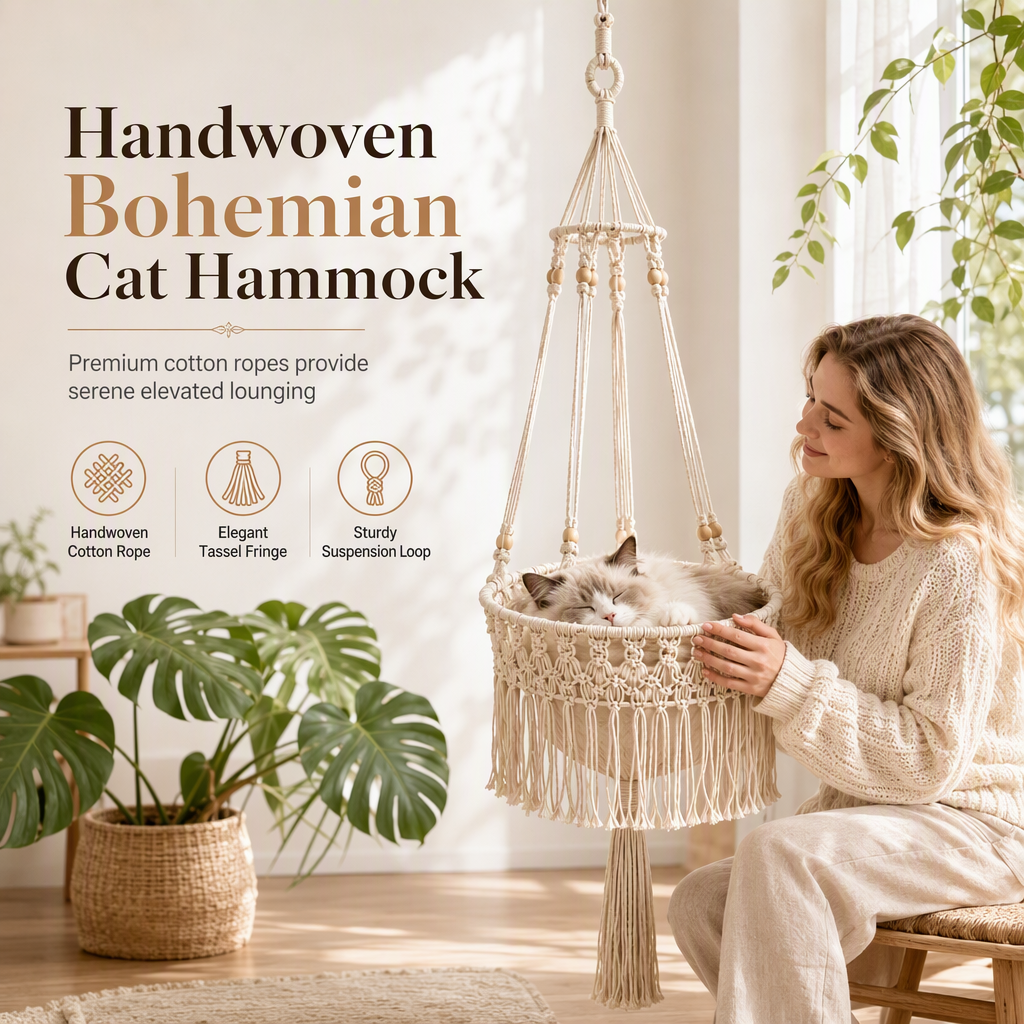 Hängende Katzenhängematte im Boho-Stil mit Quasten für den Innenbereich