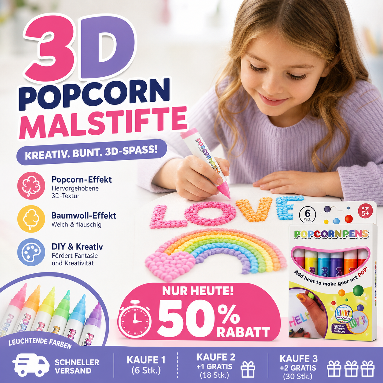 🥳HEISSER SALE 2026🥳💞50.000+ VERKAUFT!🎄🎁Magische Popcorn-Stifte mit Blaseneffekt, wärmeaktivierte Popcorn-Stifte, DIY-3D-Kunstmarker für Kinderbastelprojekte