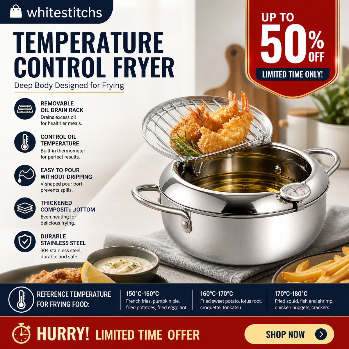 🍳🌡️ Fritierkessel mit Temperaturregelung – Edelstahl 304 Fritierkorb mit Öl-Ablaufsystem | Premium Qualität