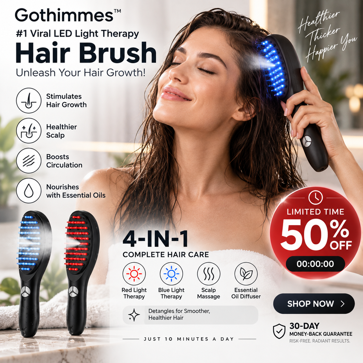 💡 Die virale Nr. 1 unter den LED-Haarbürsten – 4-in-1: Rotes Licht stimuliert die Haarfollikel, blaues Licht beruhigt die Kopfhaut, Massage fördert die Durchblutung & ätherische Öle pflegen. Nur 10 Minuten täglich – Ergebnisse schon nach 30 Tagen! 🌿✨