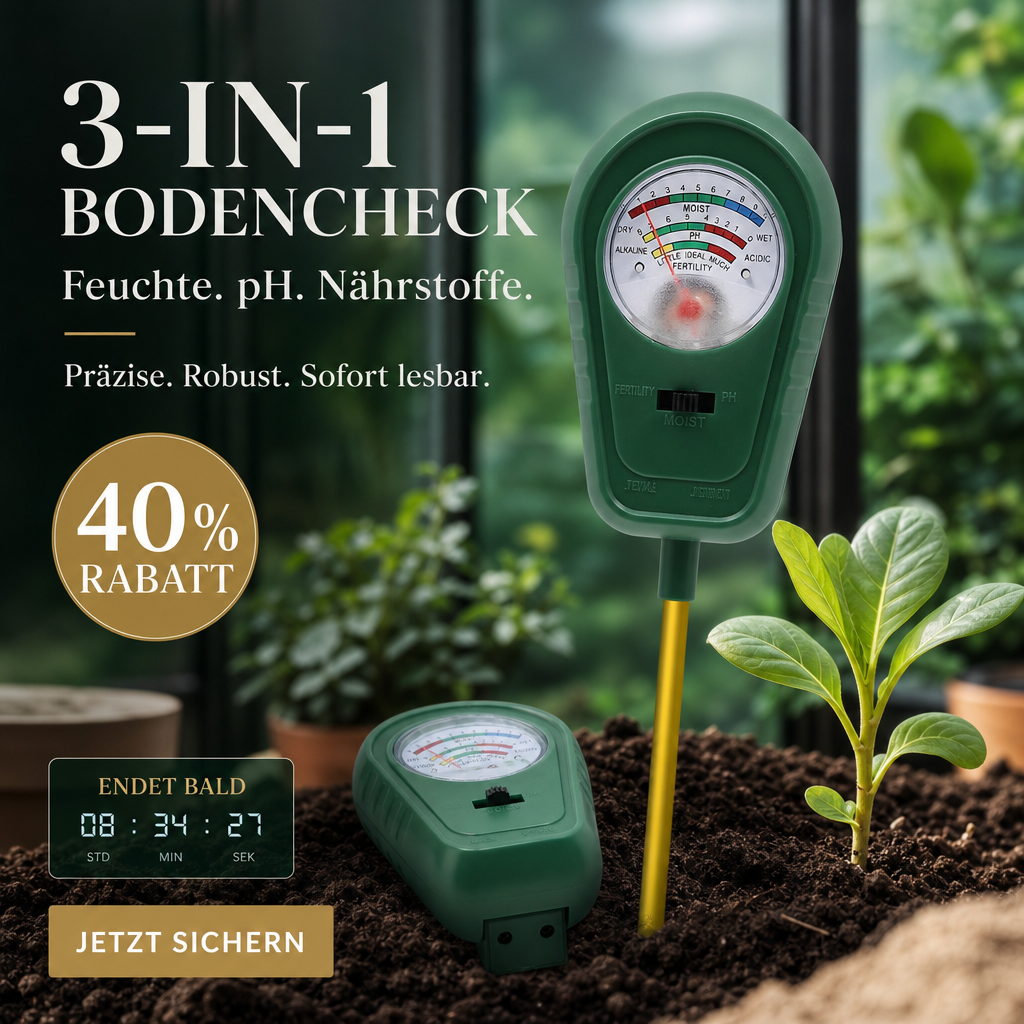🌱 50% RABATT! 🔥 3-in-1-Bodenanalysator mit Zeigeranzeige – Misst pH-Wert, Feuchtigkeit & Licht – Ideal für Garten, Rasen oder Topfpflanzen – einfache Steckmontage ohne Batterien 🌿