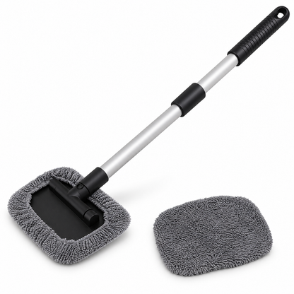 Extendable windshield cleaner with a silver aluminum-alloy shaft, black ribbed grip and gray microfiber head.