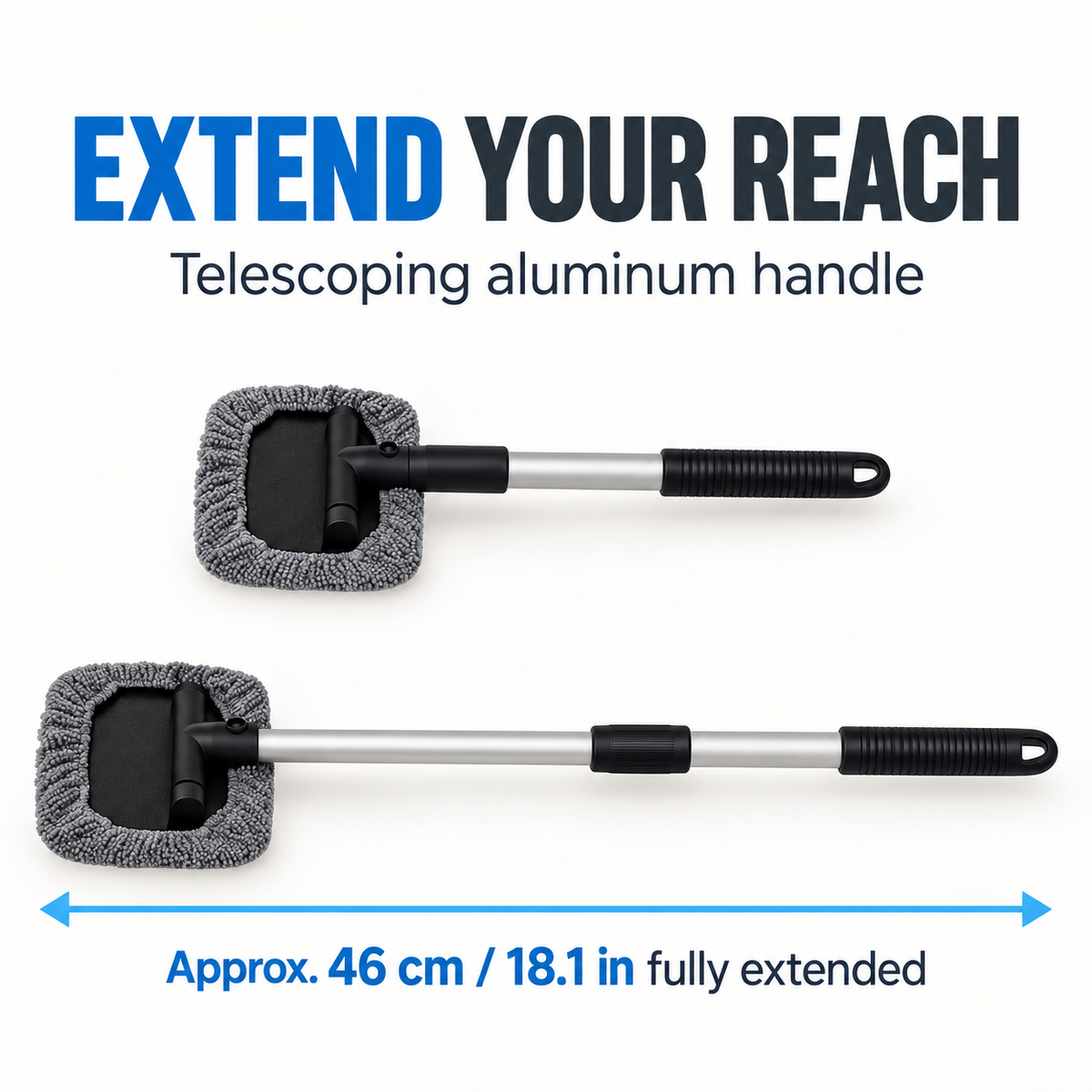 Shorter and extended positions of the telescopic aluminum-alloy cleaning handle.