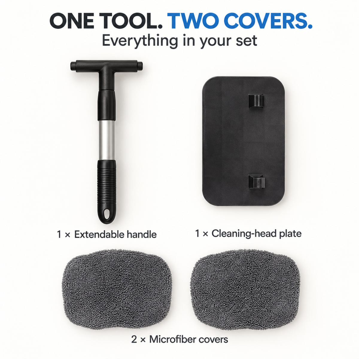 Kit contents showing one extendable handle, one cleaning-head plate and two gray microfiber covers.